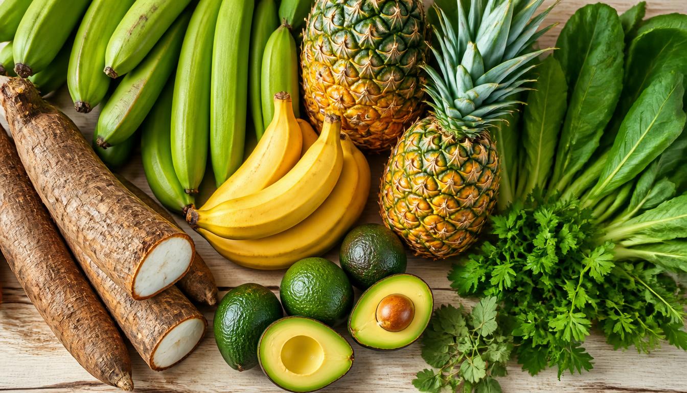 Productos agrícolas frescos: plátanos, piñas, aguacates y vegetales